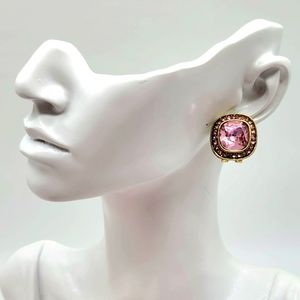 Heidi Daus Pink Tourmaline Swarovski Crystal Rounded Square Vintage Earrings